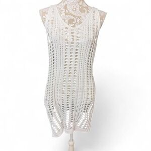 White Open Knit Crochet Sleeveless Cover Up Dress Size M Boho Cottage Core